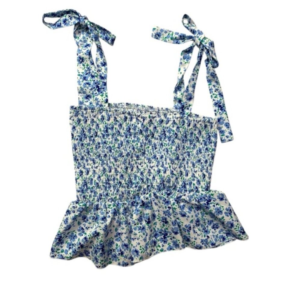 SHEIN Blue & White Floral Smocked Peplum Tank Top Women’s Medium